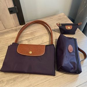 Large Longchamp Le Pliage in Bilberry with Cosmetic Case and Coin Pouch